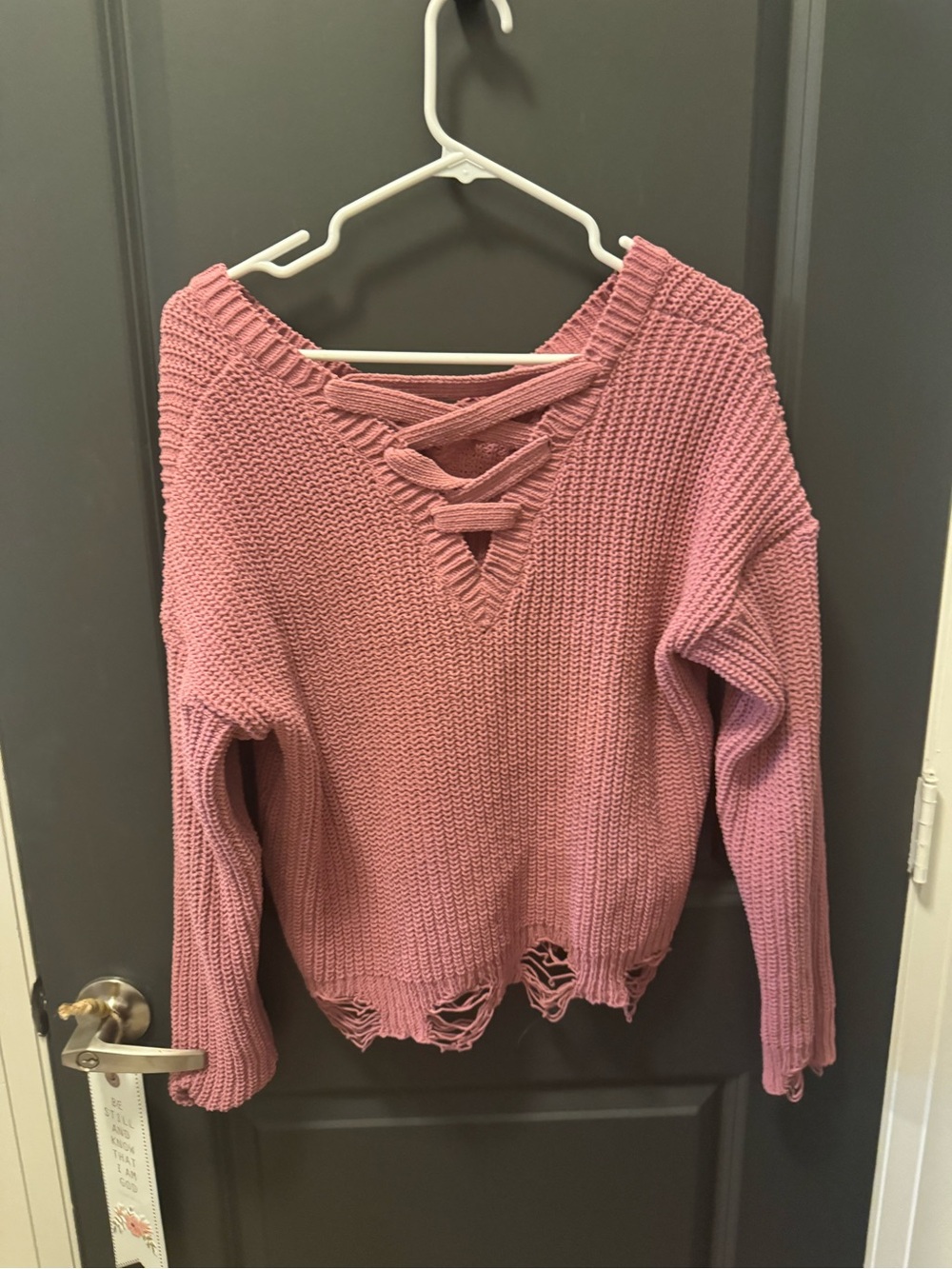 Women's Distressed V-Neck Knit Sweater - Pink